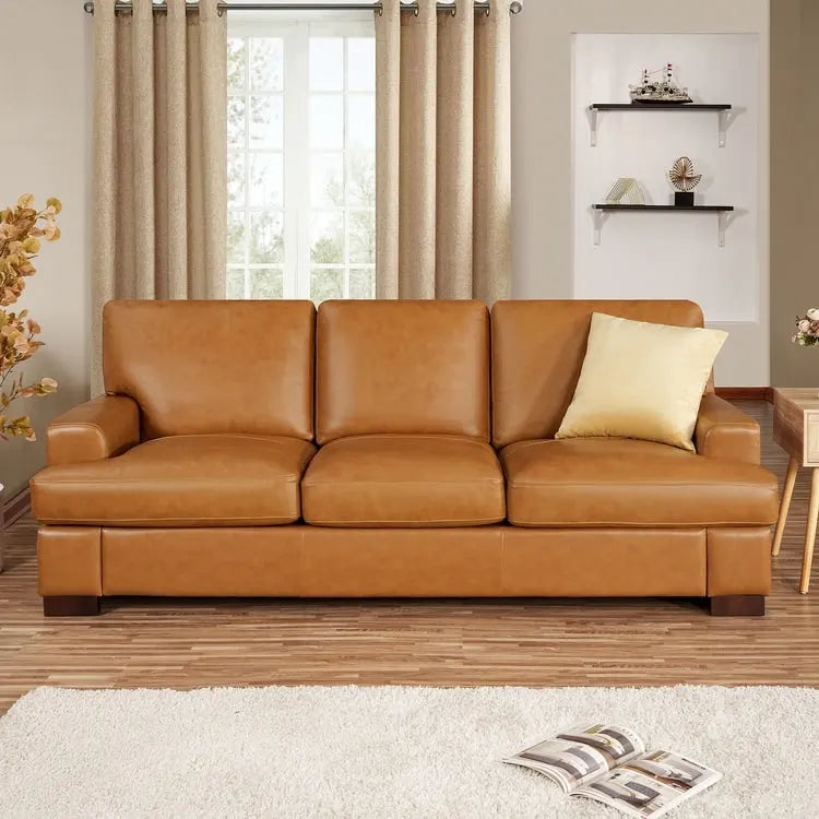 Genuine Leather Sofa with Luxurious Comfort, Goose Feather Cushion Filling, Square Arm Design, Sturdy Block Legs