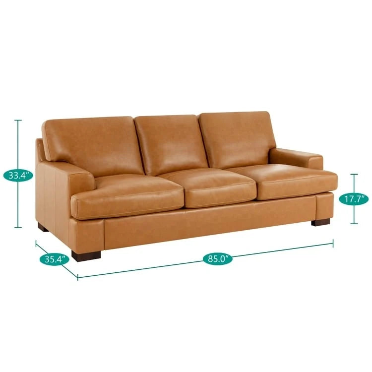 Genuine Leather Sofa with Luxurious Comfort, Goose Feather Cushion Filling, Square Arm Design, Sturdy Block Legs