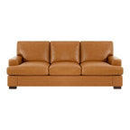 Genuine Leather Sofa with Luxurious Comfort, Goose Feather Cushion Filling, Square Arm Design, Sturdy Block Legs