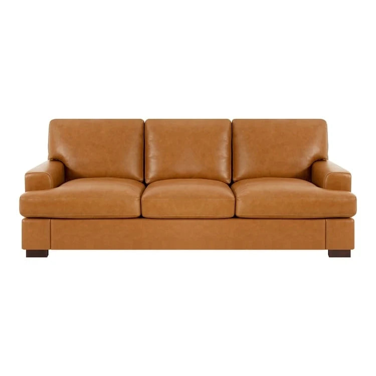 Genuine Leather Sofa with Luxurious Comfort, Goose Feather Cushion Filling, Square Arm Design, Sturdy Block Legs
