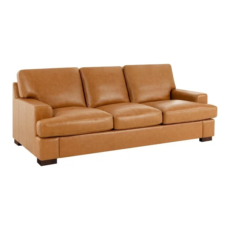 Genuine Leather Sofa with Luxurious Comfort, Goose Feather Cushion Filling, Square Arm Design, Sturdy Block Legs