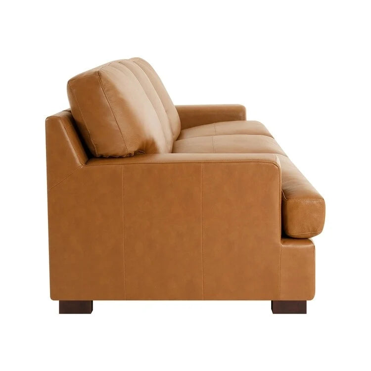 Genuine Leather Sofa with Luxurious Comfort, Goose Feather Cushion Filling, Square Arm Design, Sturdy Block Legs