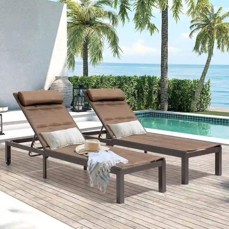 Outdoor Adjustable Quilted Chaise Lounge Chairs with Wheels (Set of 2) - 77.17 L  23.62 W  13.38 H