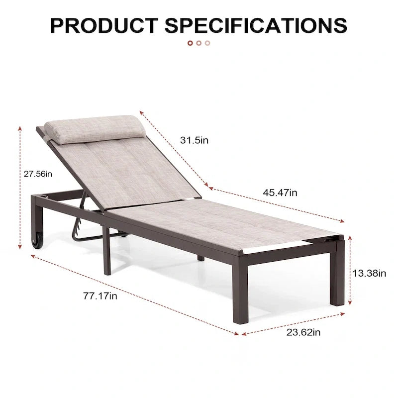 Outdoor Adjustable Quilted Chaise Lounge Chairs with Wheels (Set of 2) - 77.17 L  23.62 W  13.38 H