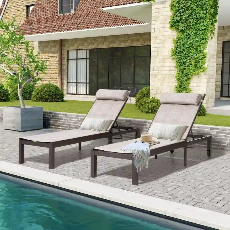 Outdoor Adjustable Quilted Chaise Lounge Chairs with Wheels (Set of 2) - 77.17 L  23.62 W  13.38 H