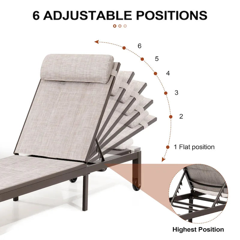 Outdoor Adjustable Quilted Chaise Lounge Chairs with Wheels (Set of 2) - 77.17 L  23.62 W  13.38 H