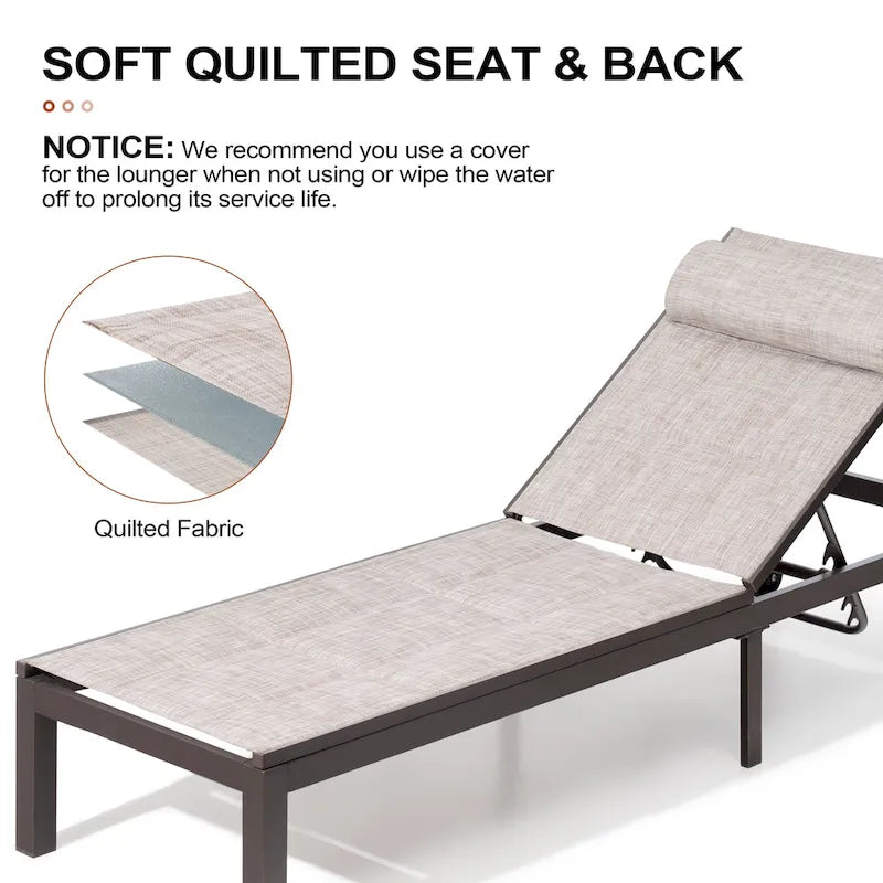 Outdoor Adjustable Quilted Chaise Lounge Chairs with Wheels (Set of 2) - 77.17 L  23.62 W  13.38 H