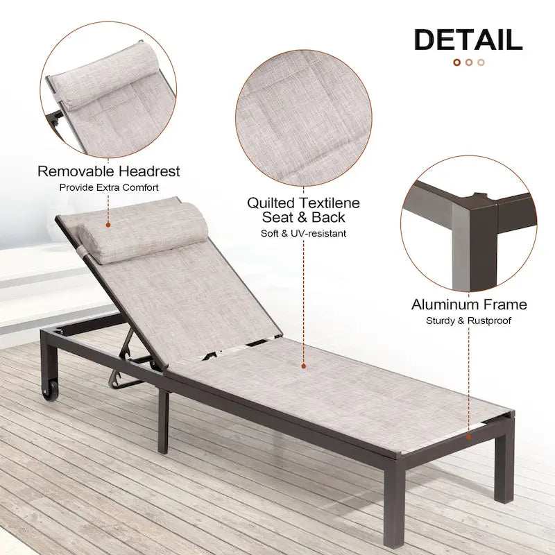 Outdoor Adjustable Quilted Chaise Lounge Chairs with Wheels (Set of 2) - 77.17 L  23.62 W  13.38 H