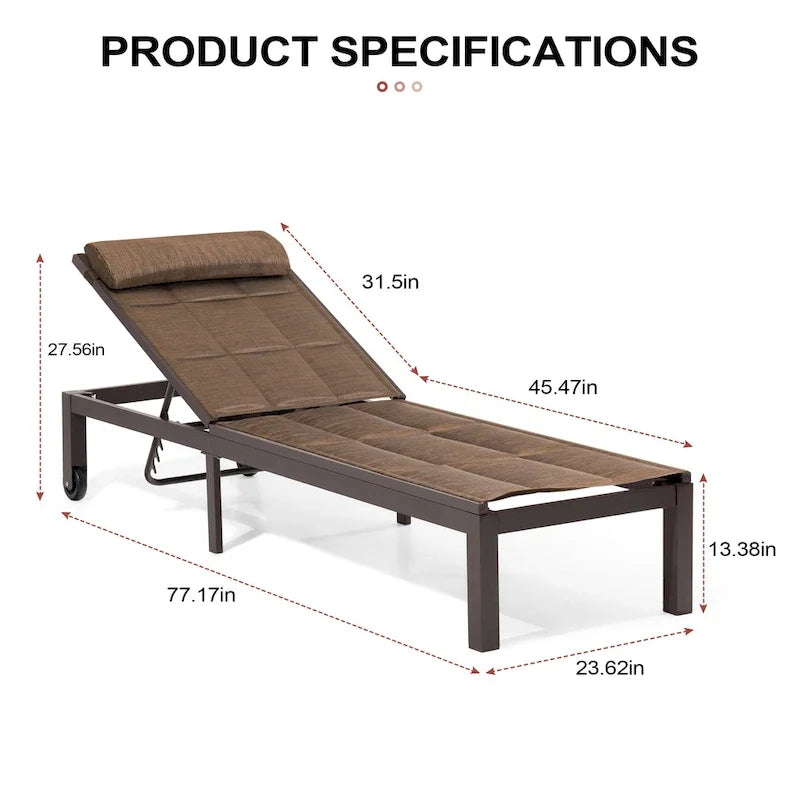 Outdoor Adjustable Quilted Chaise Lounge Chairs with Wheels (Set of 2) - 77.17 L  23.62 W  13.38 H