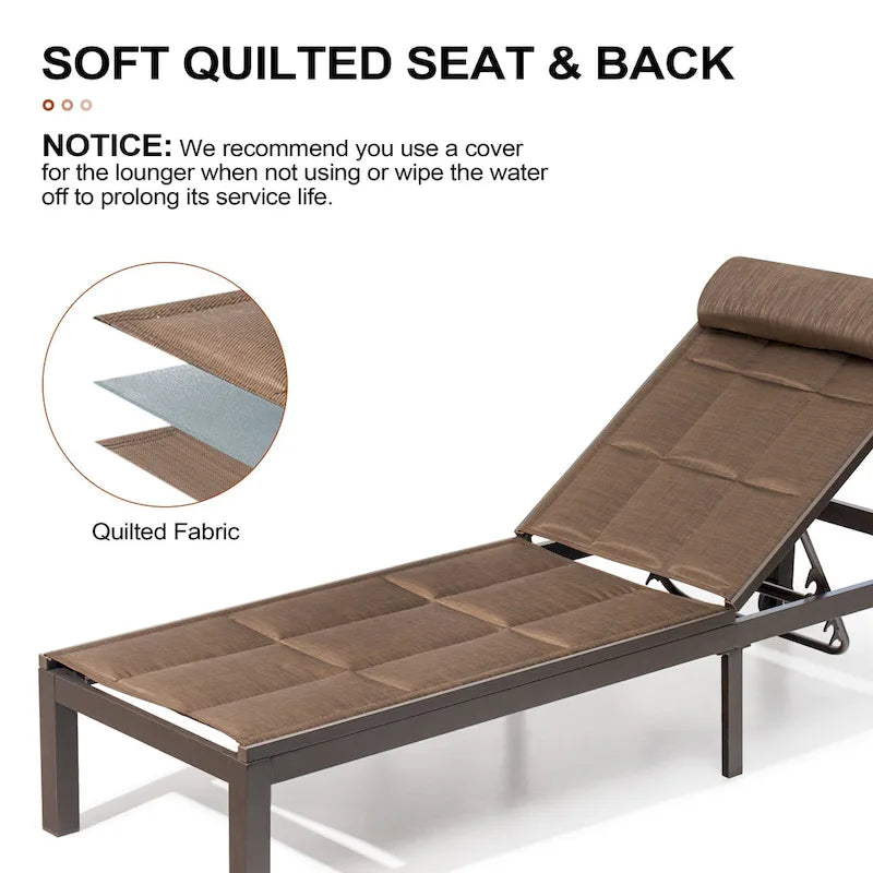 Outdoor Adjustable Quilted Chaise Lounge Chairs with Wheels (Set of 2) - 77.17 L  23.62 W  13.38 H