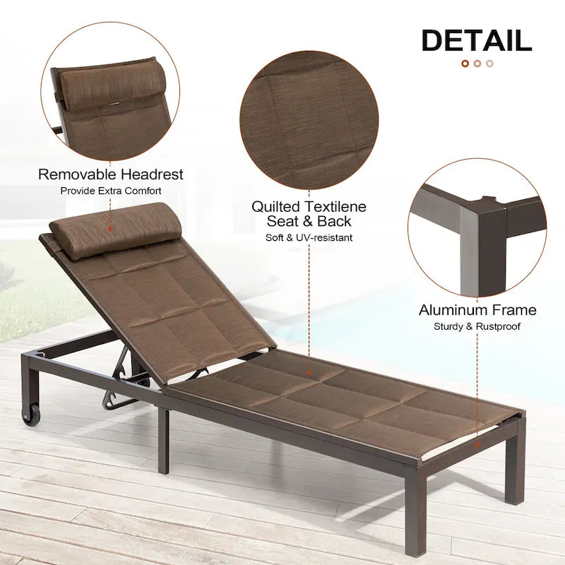 Outdoor Adjustable Quilted Chaise Lounge Chairs with Wheels (Set of 2) - 77.17 L  23.62 W  13.38 H