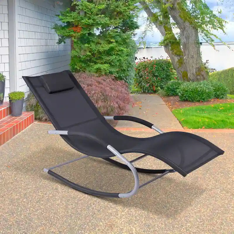 Outsunny Zero Gravity Chaise Rocker Patio Lounge Chairs with Recliner w/ Detachable Pillow & Weather-Fighting Fabric, Black