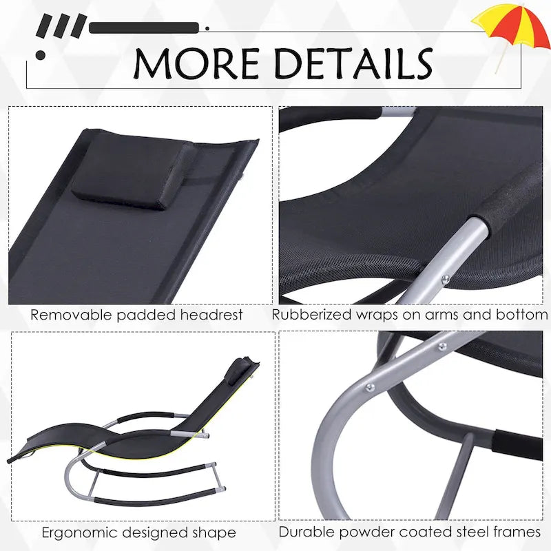 Outsunny Zero Gravity Chaise Rocker Patio Lounge Chairs with Recliner w/ Detachable Pillow & Weather-Fighting Fabric, Black
