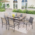 MAISON ARTS Patio Dining Set 7-Piece Metal Wood-look Geometric Rectangle Table and 6 Textilene Chairs