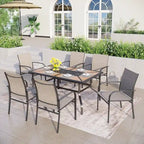 MAISON ARTS Patio Dining Set 7-Piece Metal Wood-look Geometric Rectangle Table and 6 Textilene Chairs