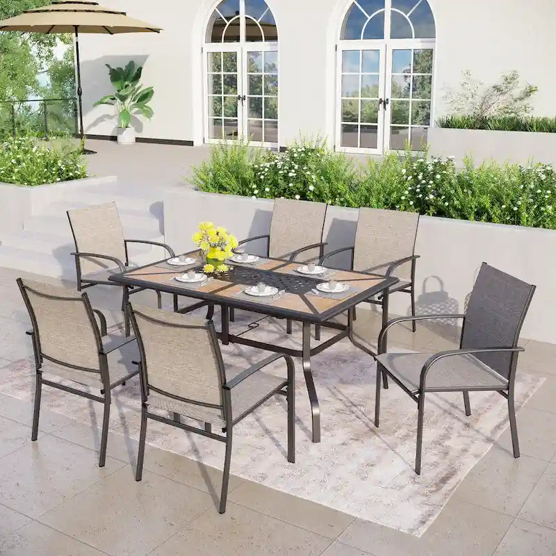 MAISON ARTS Patio Dining Set 7-Piece Metal Wood-look Geometric Rectangle Table and 6 Textilene Chairs