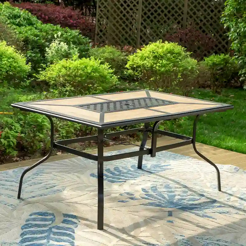 MAISON ARTS Patio Dining Set 7-Piece Metal Wood-look Geometric Rectangle Table and 6 Textilene Chairs