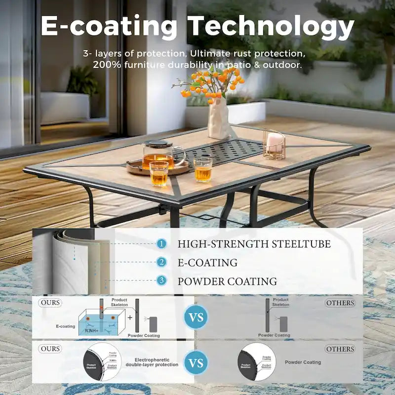 MAISON ARTS Patio Dining Set 7-Piece Metal Wood-look Geometric Rectangle Table and 6 Textilene Chairs