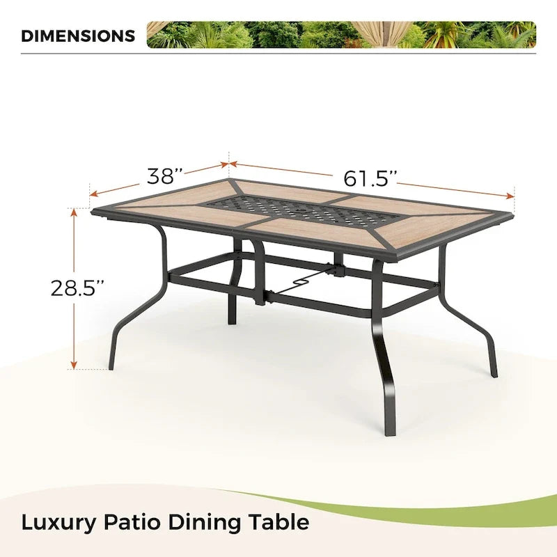 MAISON ARTS Patio Dining Set 7-Piece Metal Wood-look Geometric Rectangle Table and 6 Textilene Chairs