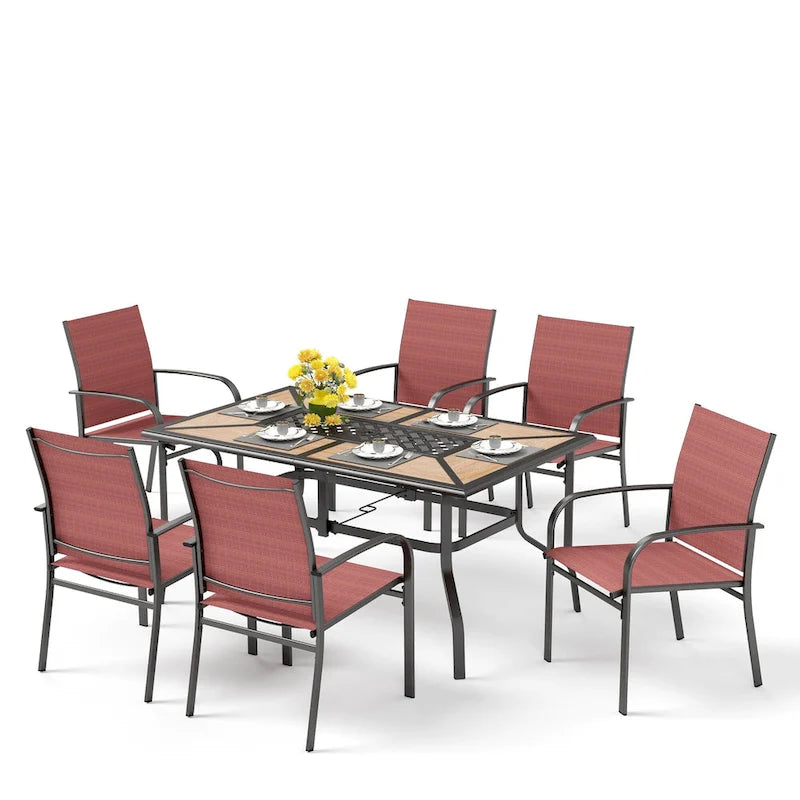 MAISON ARTS Patio Dining Set 7-Piece Metal Wood-look Geometric Rectangle Table and 6 Textilene Chairs