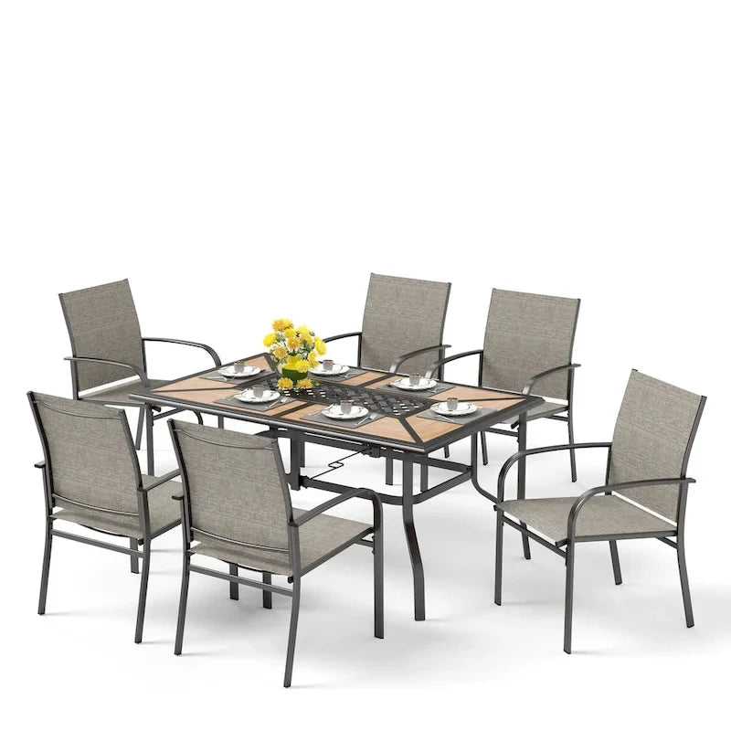 MAISON ARTS Patio Dining Set 7-Piece Metal Wood-look Geometric Rectangle Table and 6 Textilene Chairs