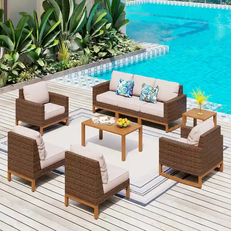 6/9-piece Patio Rattan Wicker Patio Furniture Set Swivel Rocking Chair Conversation Set