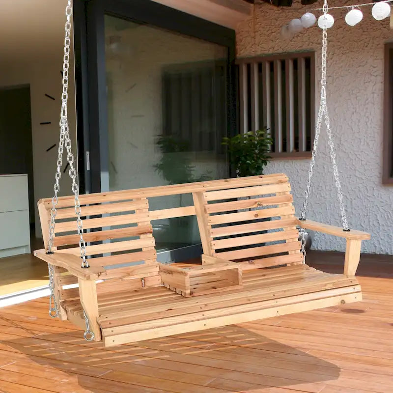 Outsunny 3-Seater Wooden Porch Swing Bench with Folding Coffee Table, Durable PU Coating, Chains Included - 59 x 29.5 x 20.75