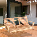 Outsunny 3-Seater Wooden Porch Swing Bench with Folding Coffee Table, Durable PU Coating, Chains Included - 59 x 29.5 x 20.75
