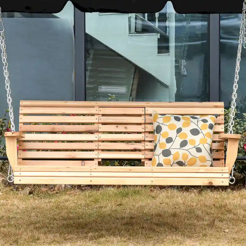 Outsunny 3-Seater Wooden Porch Swing Bench with Folding Coffee Table, Durable PU Coating, Chains Included - 59 x 29.5 x 20.75