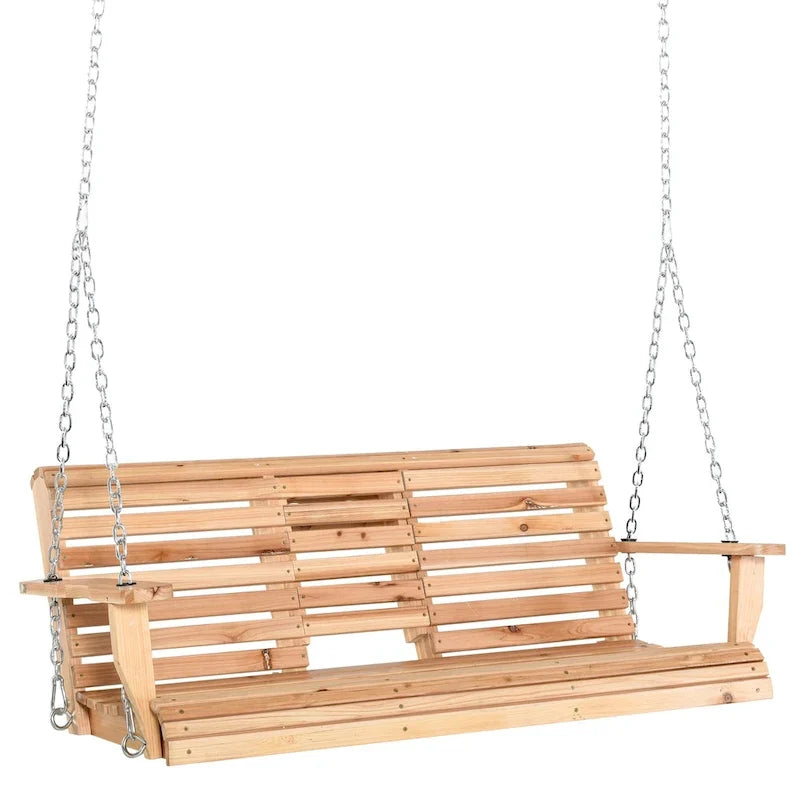 Outsunny 3-Seater Wooden Porch Swing Bench with Folding Coffee Table, Durable PU Coating, Chains Included - 59 x 29.5 x 20.75