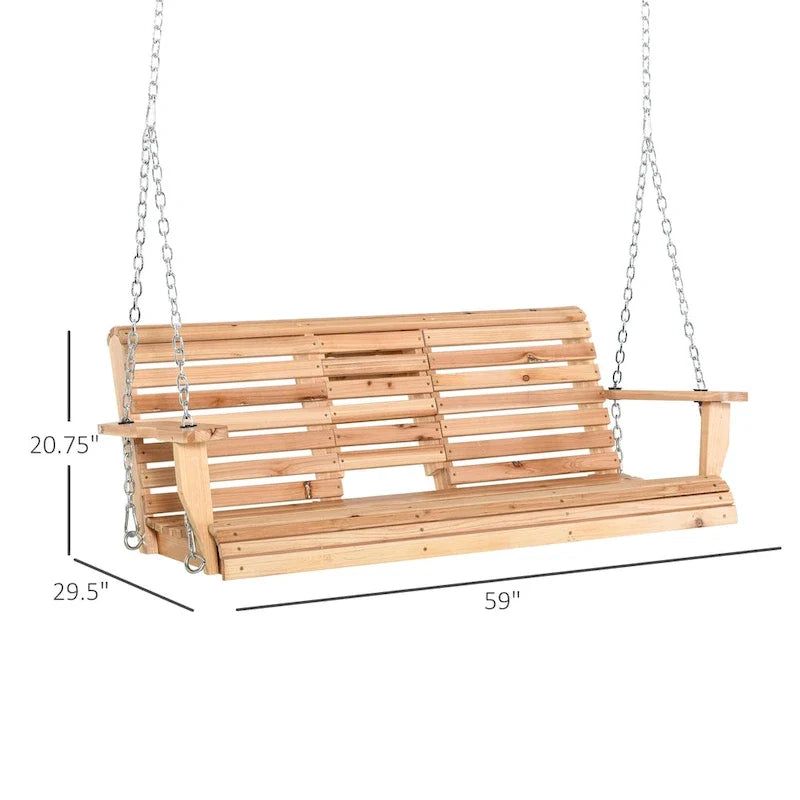 Outsunny 3-Seater Wooden Porch Swing Bench with Folding Coffee Table, Durable PU Coating, Chains Included - 59 x 29.5 x 20.75