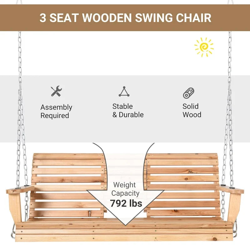 Outsunny 3-Seater Wooden Porch Swing Bench with Folding Coffee Table, Durable PU Coating, Chains Included - 59 x 29.5 x 20.75