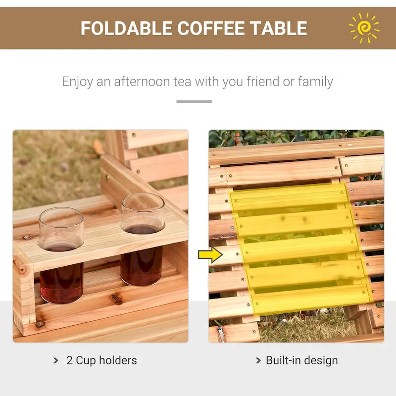 Outsunny 3-Seater Wooden Porch Swing Bench with Folding Coffee Table, Durable PU Coating, Chains Included - 59 x 29.5 x 20.75