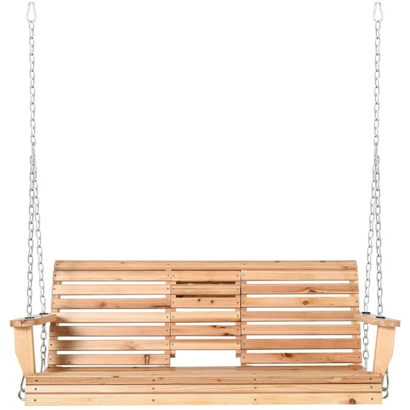 Outsunny 3-Seater Wooden Porch Swing Bench with Folding Coffee Table, Durable PU Coating, Chains Included - 59 x 29.5 x 20.75