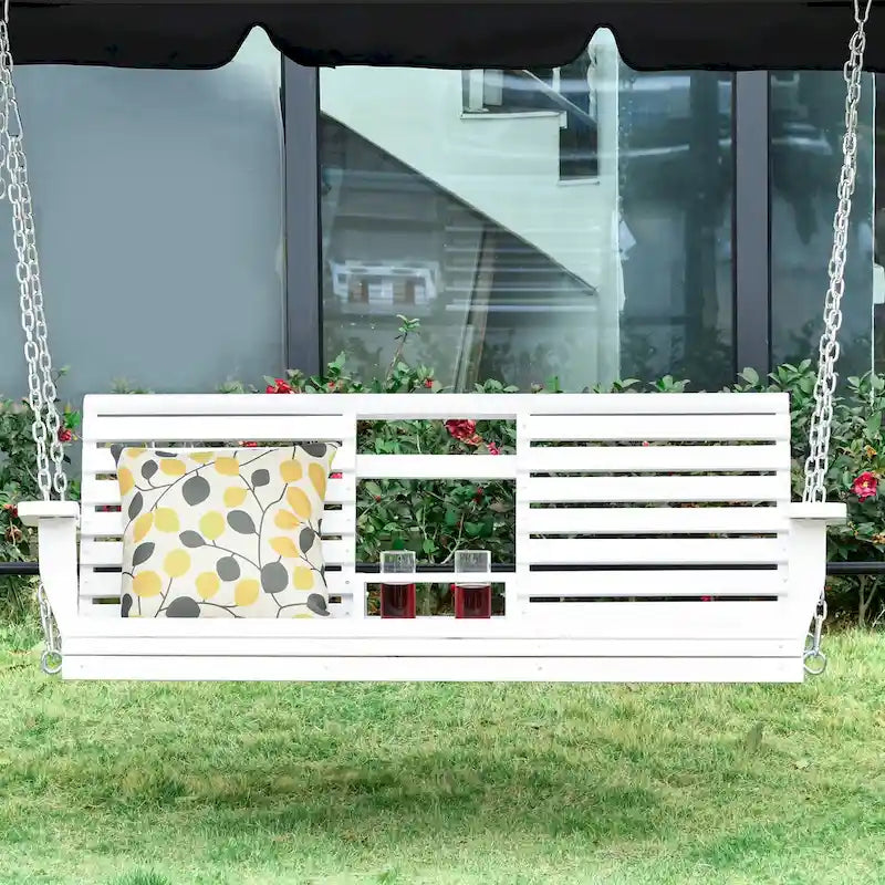 Outsunny 3-Seater Wooden Porch Swing Bench with Folding Coffee Table, Durable PU Coating, Chains Included - 59 x 29.5 x 20.75