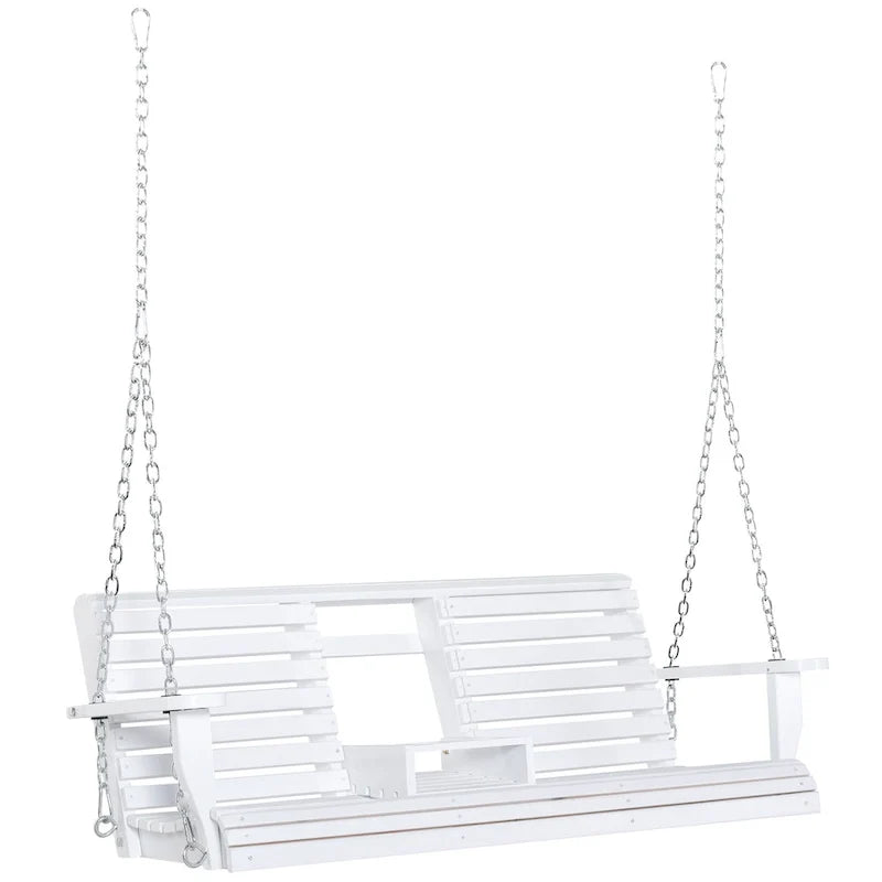 Outsunny 3-Seater Wooden Porch Swing Bench with Folding Coffee Table, Durable PU Coating, Chains Included - 59 x 29.5 x 20.75
