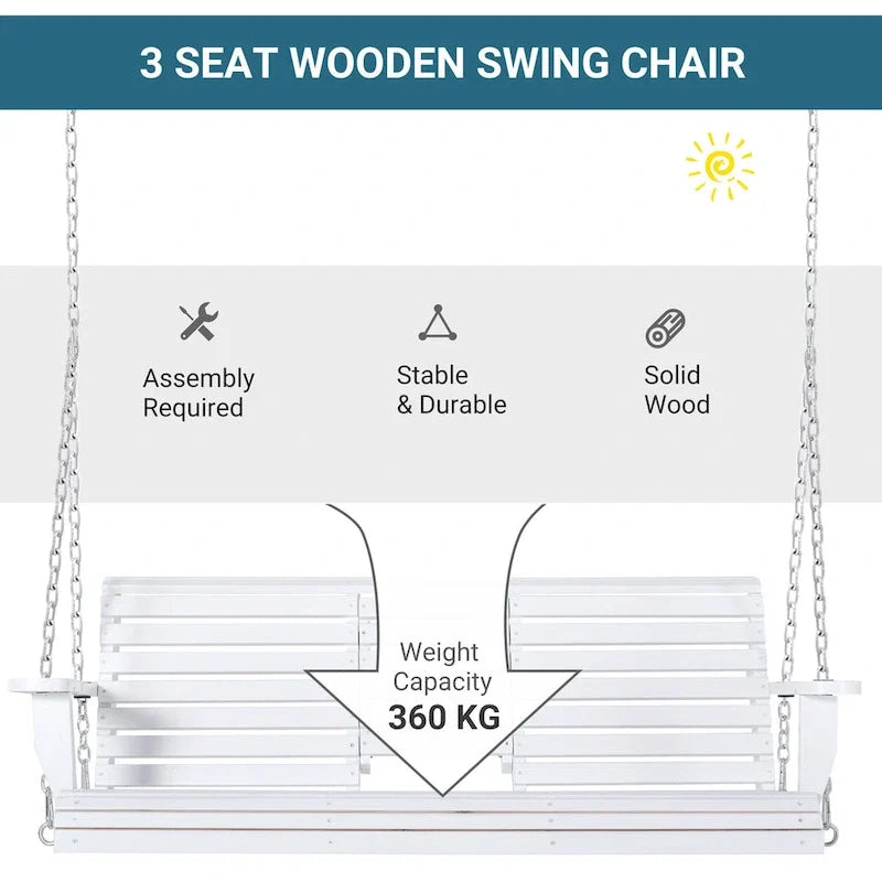 Outsunny 3-Seater Wooden Porch Swing Bench with Folding Coffee Table, Durable PU Coating, Chains Included - 59 x 29.5 x 20.75