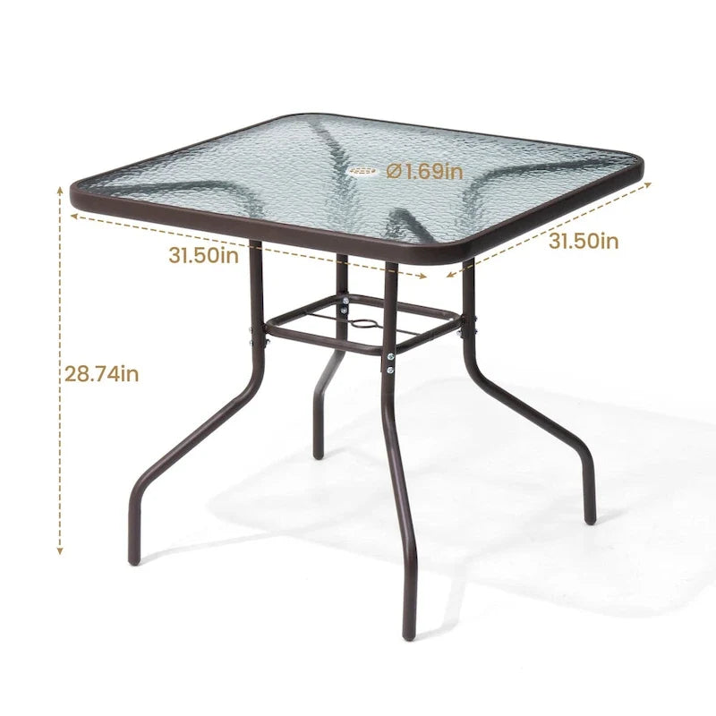 Crestlive Outdoor Dining Bistro Table with Square Glass Top and Umbrella Hole - 31.50 L x 31.50 W x 28.74 H