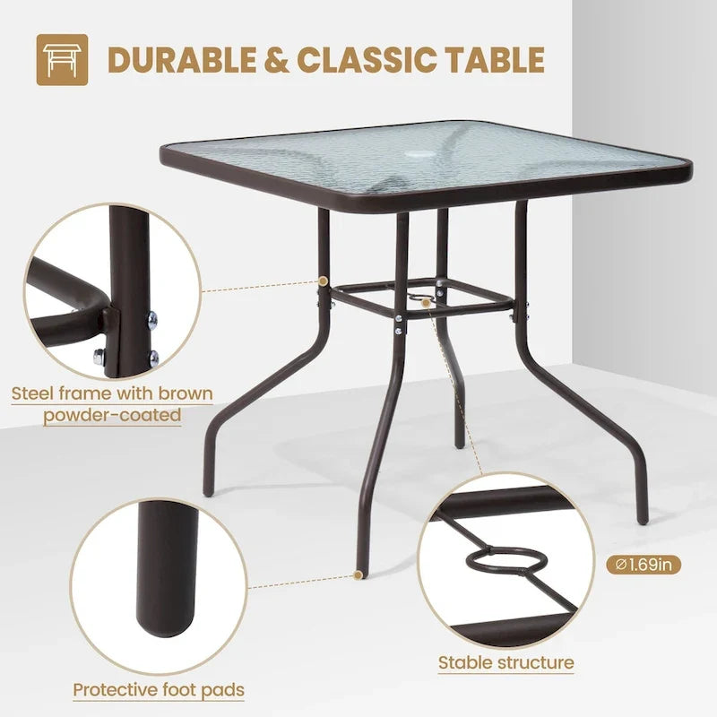 Crestlive Outdoor Dining Bistro Table with Square Glass Top and Umbrella Hole - 31.50 L x 31.50 W x 28.74 H