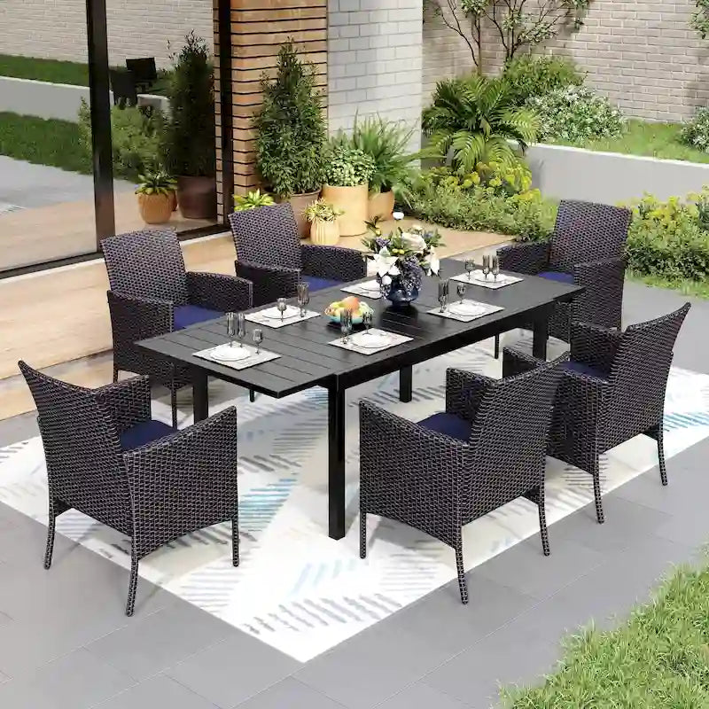 Multi-piece Expandable Black Steel and Rattan Outdoor Dining Table Set