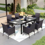 Multi-piece Expandable Black Steel and Rattan Outdoor Dining Table Set