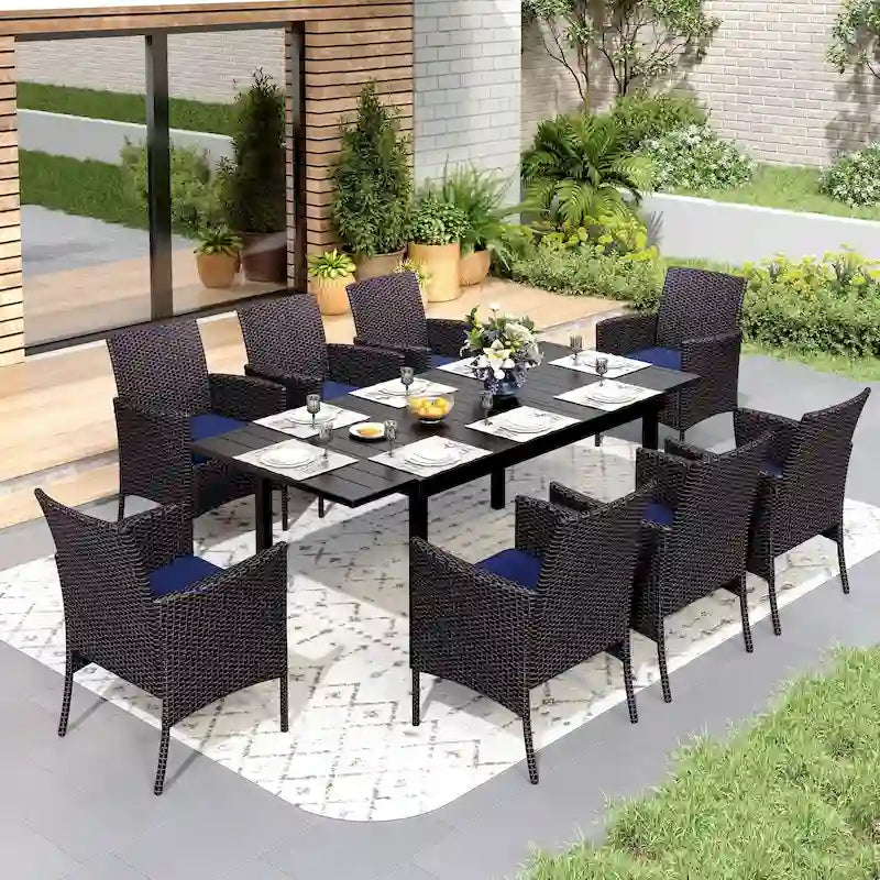 Multi-piece Expandable Black Steel and Rattan Outdoor Dining Table Set