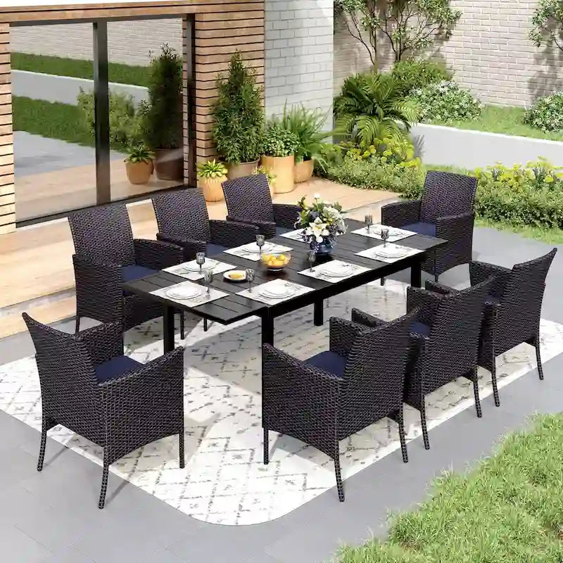 Multi-piece Expandable Black Steel and Rattan Outdoor Dining Table Set