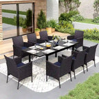 Multi-piece Expandable Black Steel and Rattan Outdoor Dining Table Set