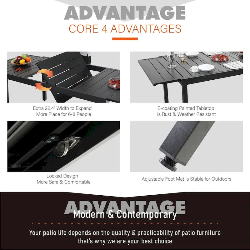 Multi-piece Expandable Black Steel and Rattan Outdoor Dining Table Set