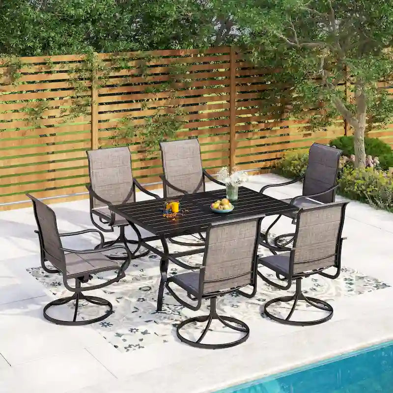 MAISON ARTS Outdoor Dining Set, 6 Patio Swivel Chairs and 60x 38 Rectangule Dining Table with Umbrella Hole