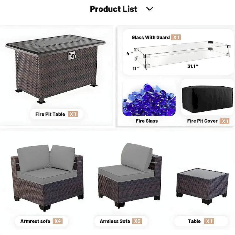 Kullavik 12 Piece Outdoor Patio Furniture Set with Fire Pit Table