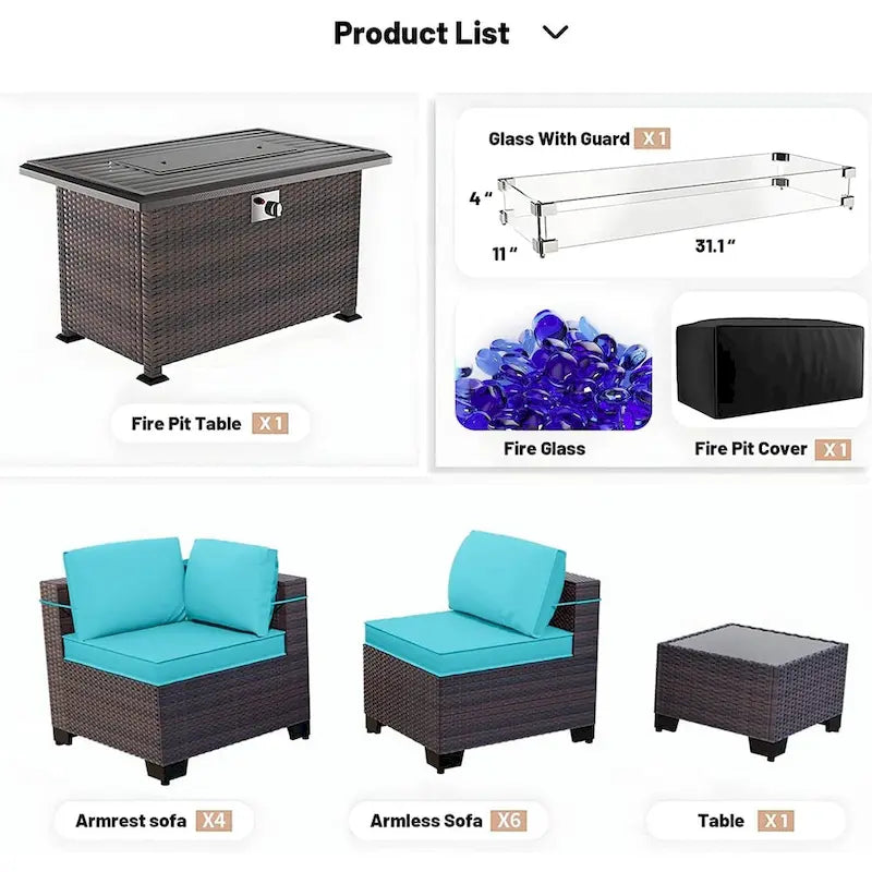 Kullavik 12 Piece Outdoor Patio Furniture Set with Fire Pit Table