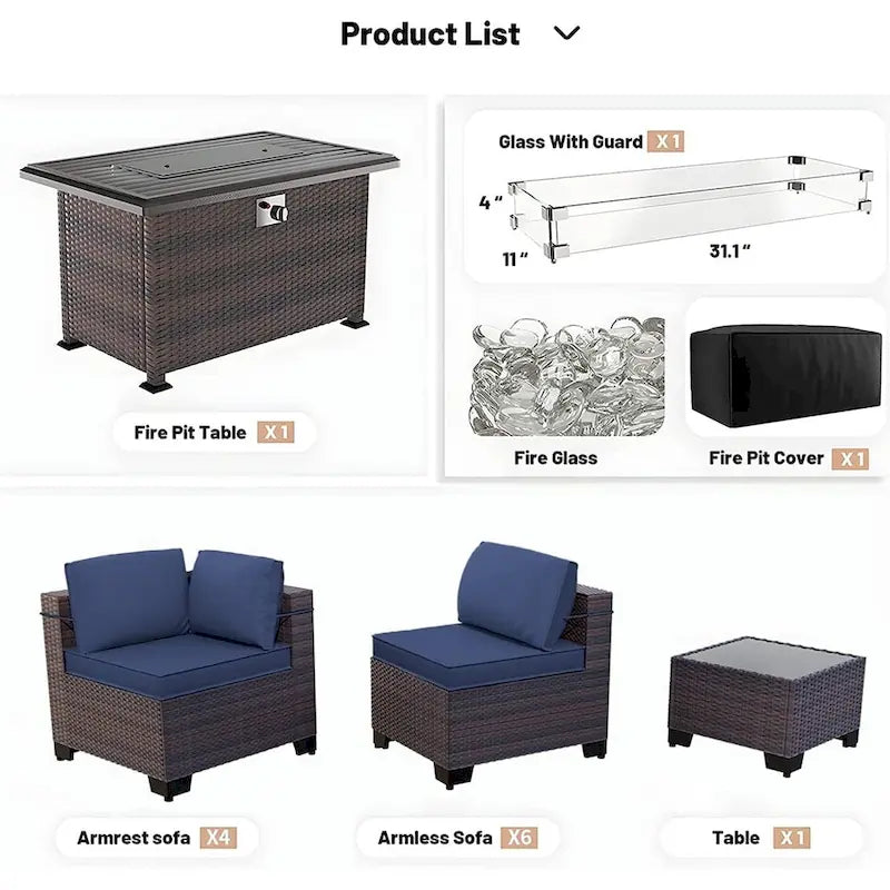 Kullavik 12 Piece Outdoor Patio Furniture Set with Fire Pit Table