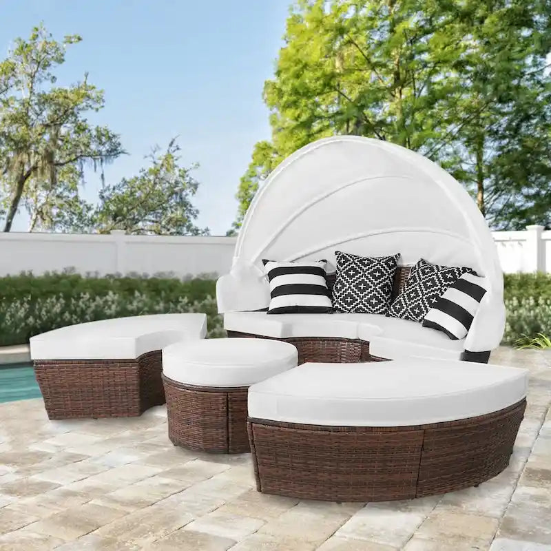 Ledel Wicker Outdoor Daybed 5-piece Sectional Sofa Set With Retractable Canopy and Cushions